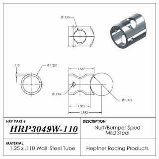 Picture of Spud, Sprint Nurf & Bumper, MS, 1.25"" OD x 0.110", 1.375" Cope, Bolt Hole Inline