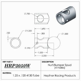 Picture of Spud, Sprint Nurf & Bumper, 4130, 1.25" OD x 0.120", 1.50" Cope, Bolt Hole 90°