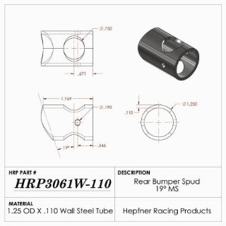 Picture of Spud, Sprint Rear Bumper, MS, 1.25" OD x 0.110", 1.50" Cope, 19°