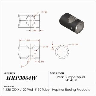 Picture of Spud, Midget Rear Bumper, 84°, 4130, 1.125" OD x 0.120", 4 Hole, 1.375" Cope